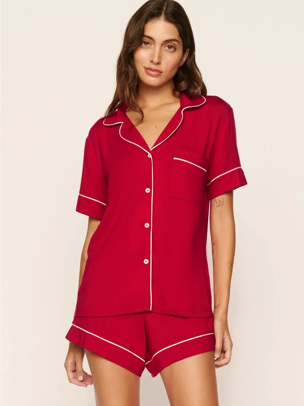 Eberjey Gisele Red Short Pajama Set with White Piping Size Small ❤️